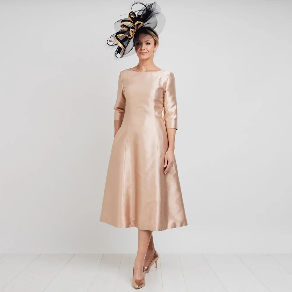 Elegant Bateau Neck A-Line Mother of the Bride Dress – Tea-Length 3/4 Sleeve Wedding Guest Dress for Women