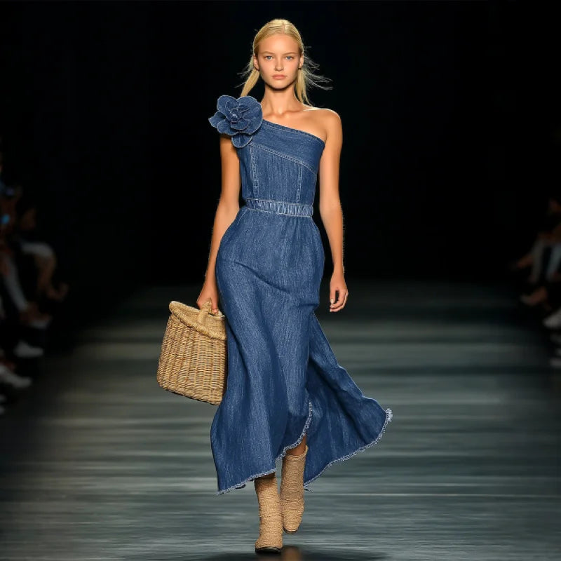 Elegant Strapless Denim 3D Floral Maxi Dress for Women, Beach Wedding Party Long Gown with Split Side