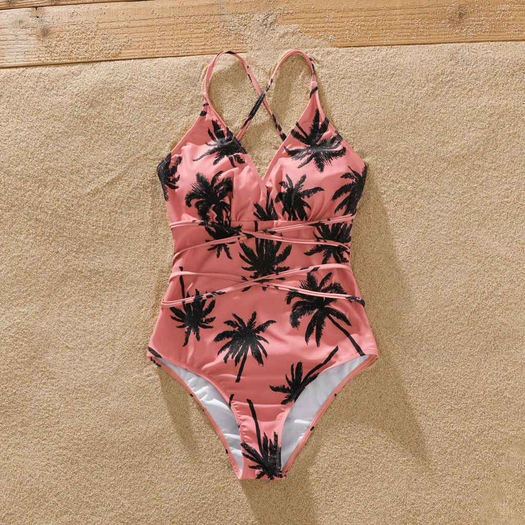 Family Matching Coconut Tree Print Swimwear – Pink Swim Trunks & Spaghetti Strap One-Piece Swimsuit