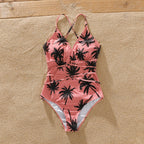 Family Matching Coconut Tree Print Swimwear – Pink Swim Trunks & Spaghetti Strap One-Piece Swimsuit