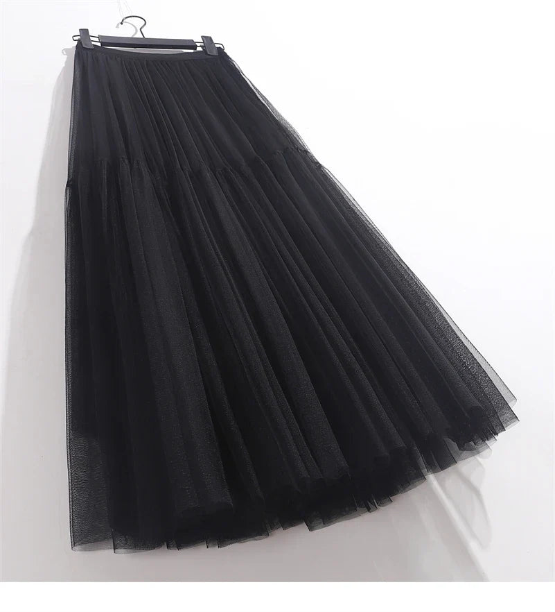 Elegant High Waist Tulle Skirt – Solid Color A-Line Mesh Tutu Skirt for Women