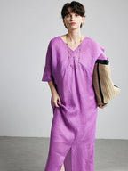 100% Ramie Maxi Dress – Women's V-Neck Solid Long Dress in Rose Purple