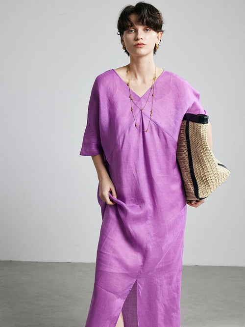 100% Ramie Maxi Dress – Women's V-Neck Solid Long Dress in Rose Purple