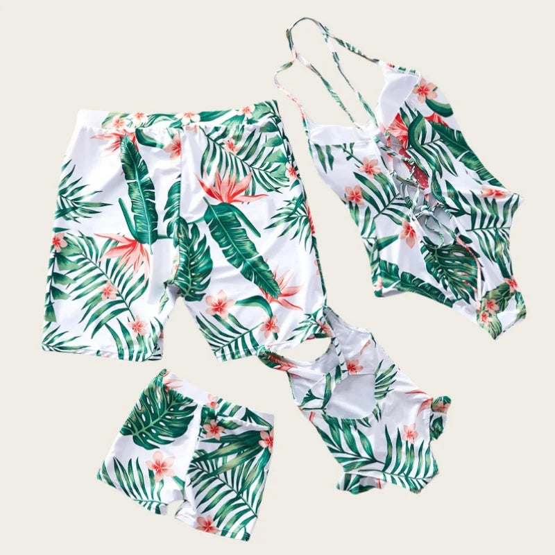 Fashion Family Swimsuit Set for Girls Boys Dad Mom Matching Clothing Outfits Mommy and Me Daughter Son Leaf Print Beach Swimming