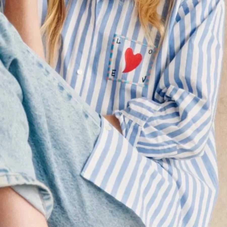 Early Spring Women's Striped Letters Love Lapel Buttoned Long Sleeve Top Shirt