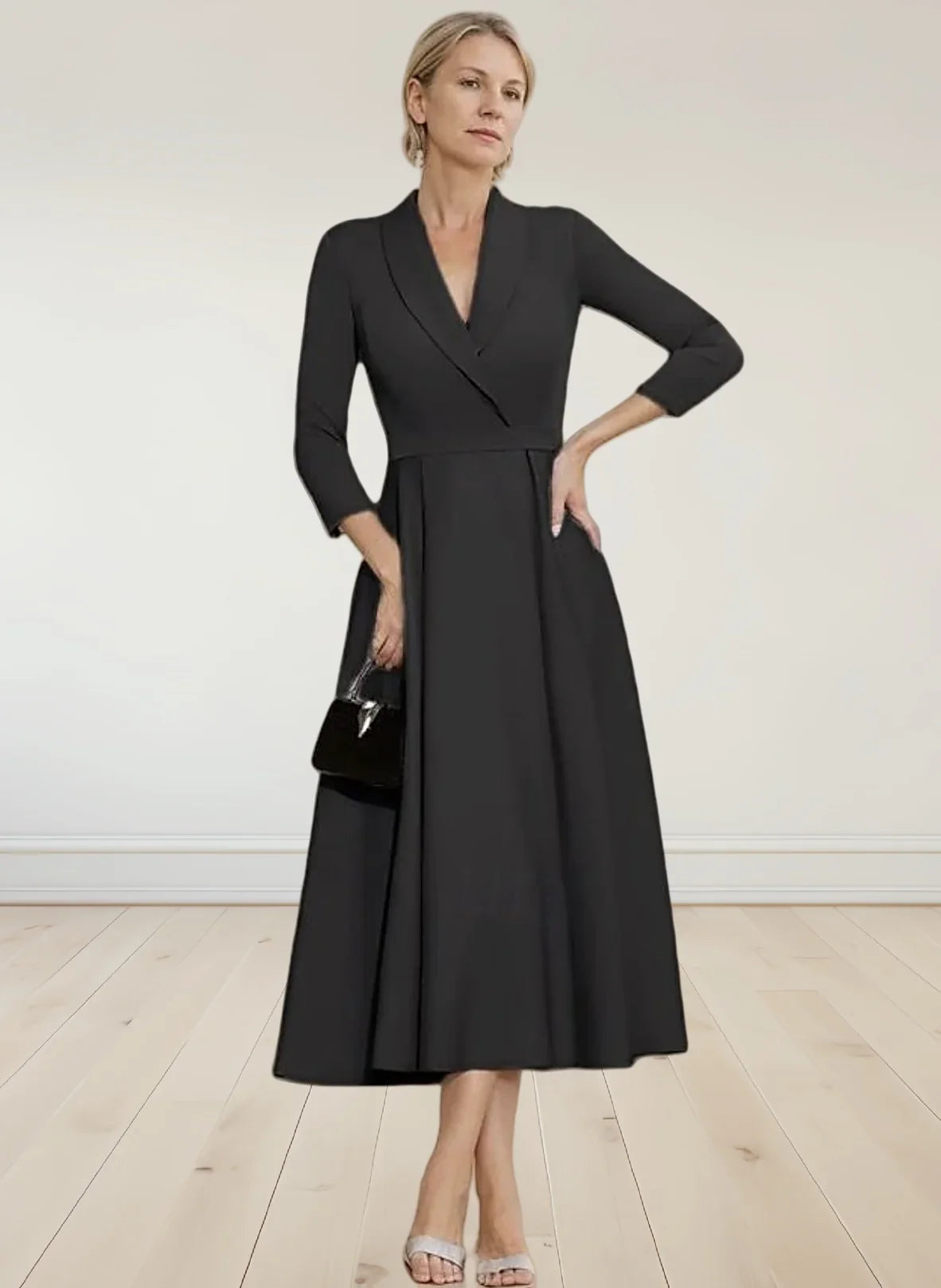 Elegant A-Line Satin Mother of the Bride Dress – Tea Length with 3/4 Sleeves | 2025 Wedding Guest Look