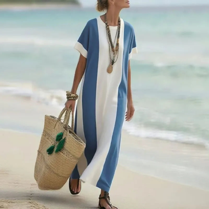 Elegant Patchwork Maxi Dress – Spring Summer Crew Neck Short Sleeve Boho Beach Dress with Side Split for Women