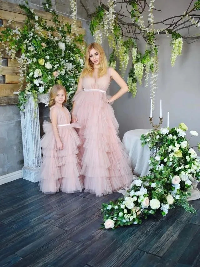 Elegant Pink Ruffled Mesh Tutu Dress for Mom and Daughter â€“ Sleeveless Matching Outfits for Birthday Party, Prom, or Christmas Photoshoot