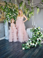 Elegant Pink Ruffled Mesh Tutu Dress for Mom and Daughter â€“ Sleeveless Matching Outfits for Birthday Party, Prom, or Christmas Photoshoot