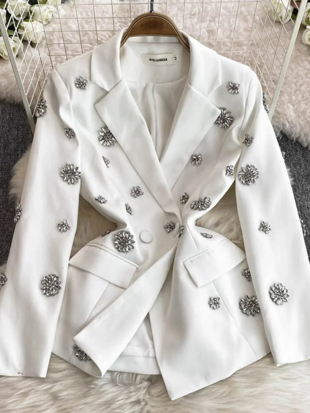 Commuter Style Two-piece Sets Women Outfits Diamond-encrusted Flower High Waist Versatile Blazer Coat+ High-waisted Trousers