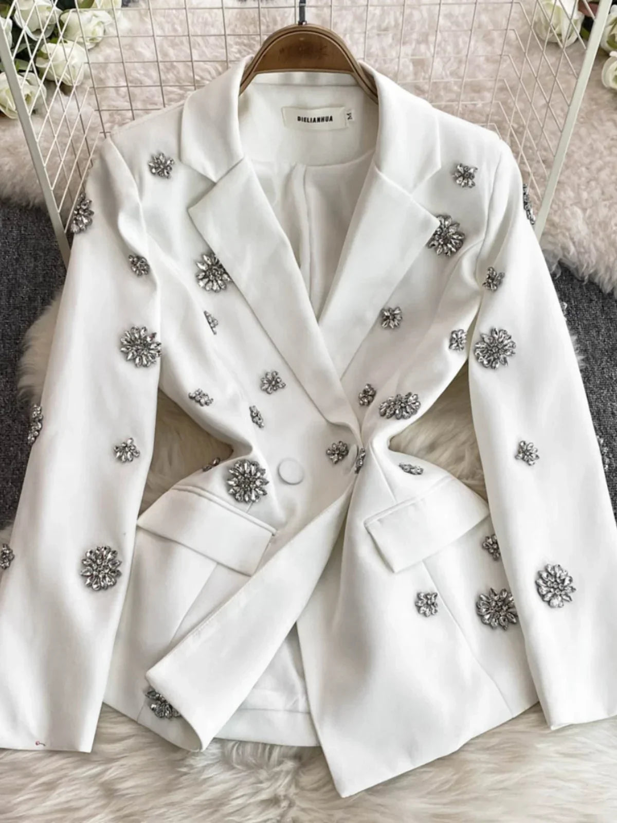 Commuter Style Two-piece Sets Women Outfits Diamond-encrusted Flower High Waist Versatile Blazer Coat+ High-waisted Trousers