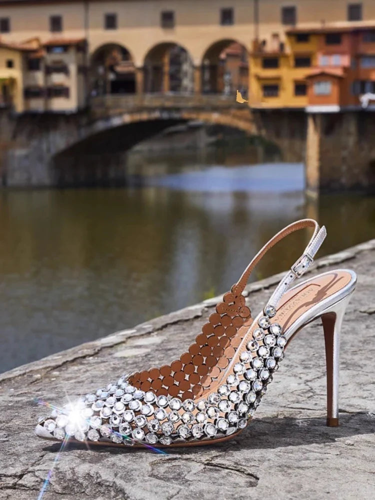 Diamond high heels for women in2025with a single button back strap,sexy wedding shoes for brides,slim heels,pointed toe sandals