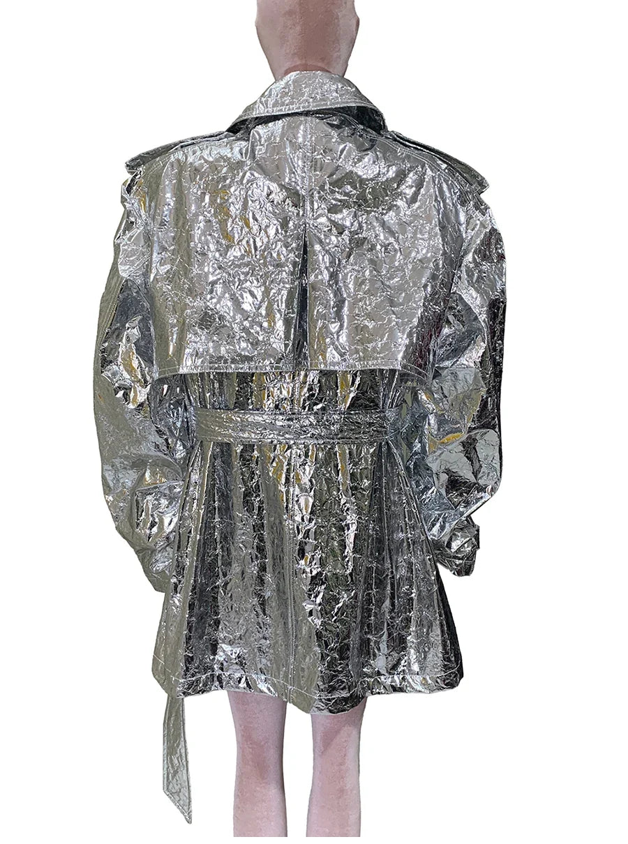 Autumn Oversized Shiny Silver Trench Coat for Women Belt Double Breasted European Fashion Emo Clothes Y2K Streetwear
