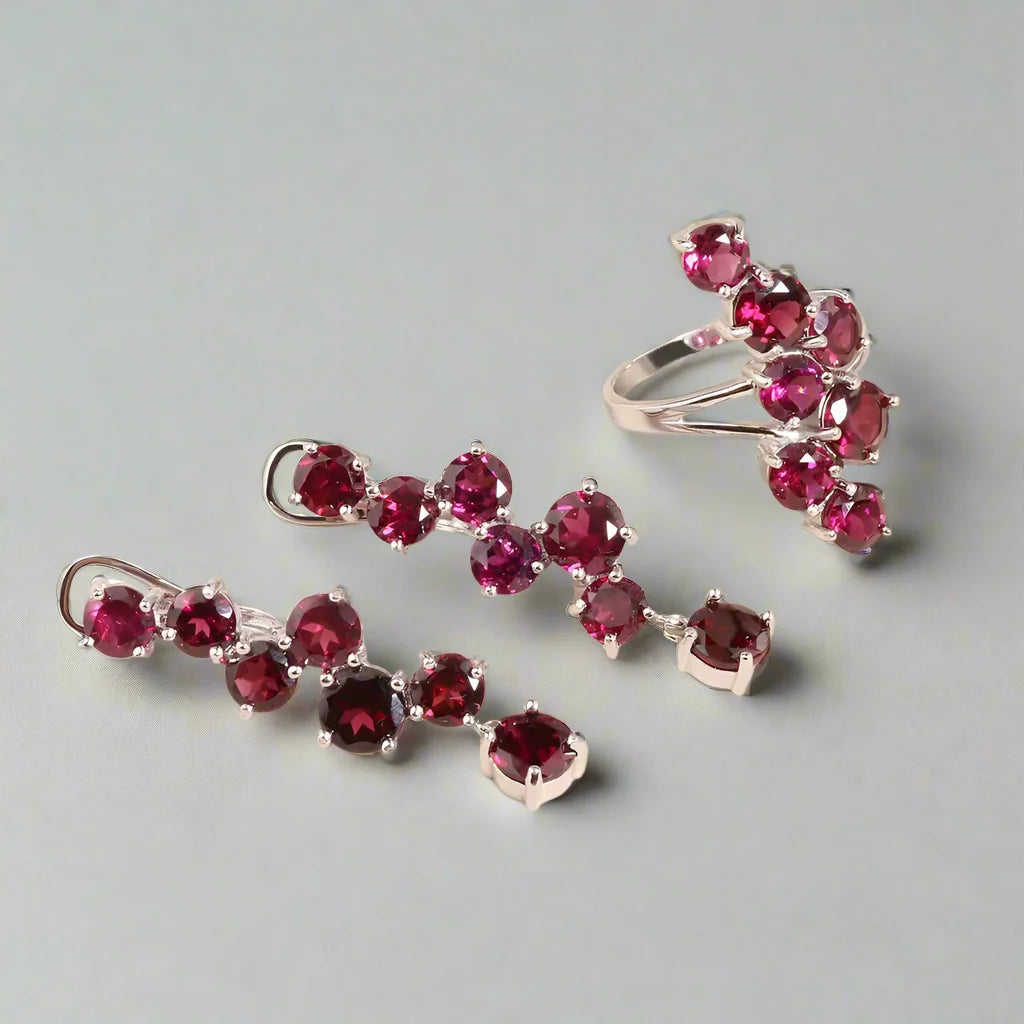 Elegant Rhodolite Garnet Ring and Earrings Set | 925 Sterling Silver Fine Jewelry | Perfect Gift for Women