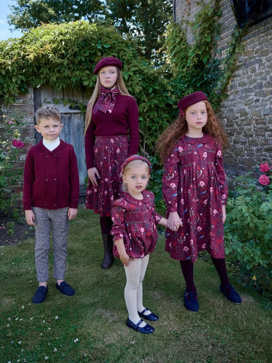 Burgundy Collection Shabbos cotton print Smocking dress check shirt soft wool knitting family match clothes boys girls