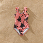 Family Matching Coconut Tree Print Swimwear – Pink Swim Trunks & Spaghetti Strap One-Piece Swimsuit
