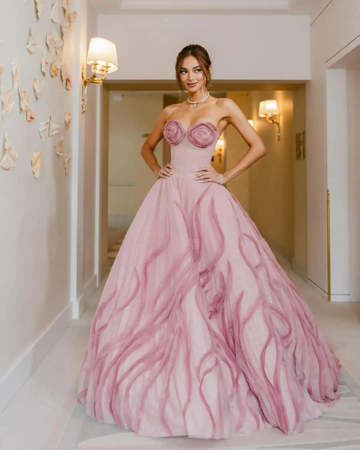 Dusty Rose Couture Evening Gown – Handmade Flowers, Puffy Tutu Tulle, Bridal Dress