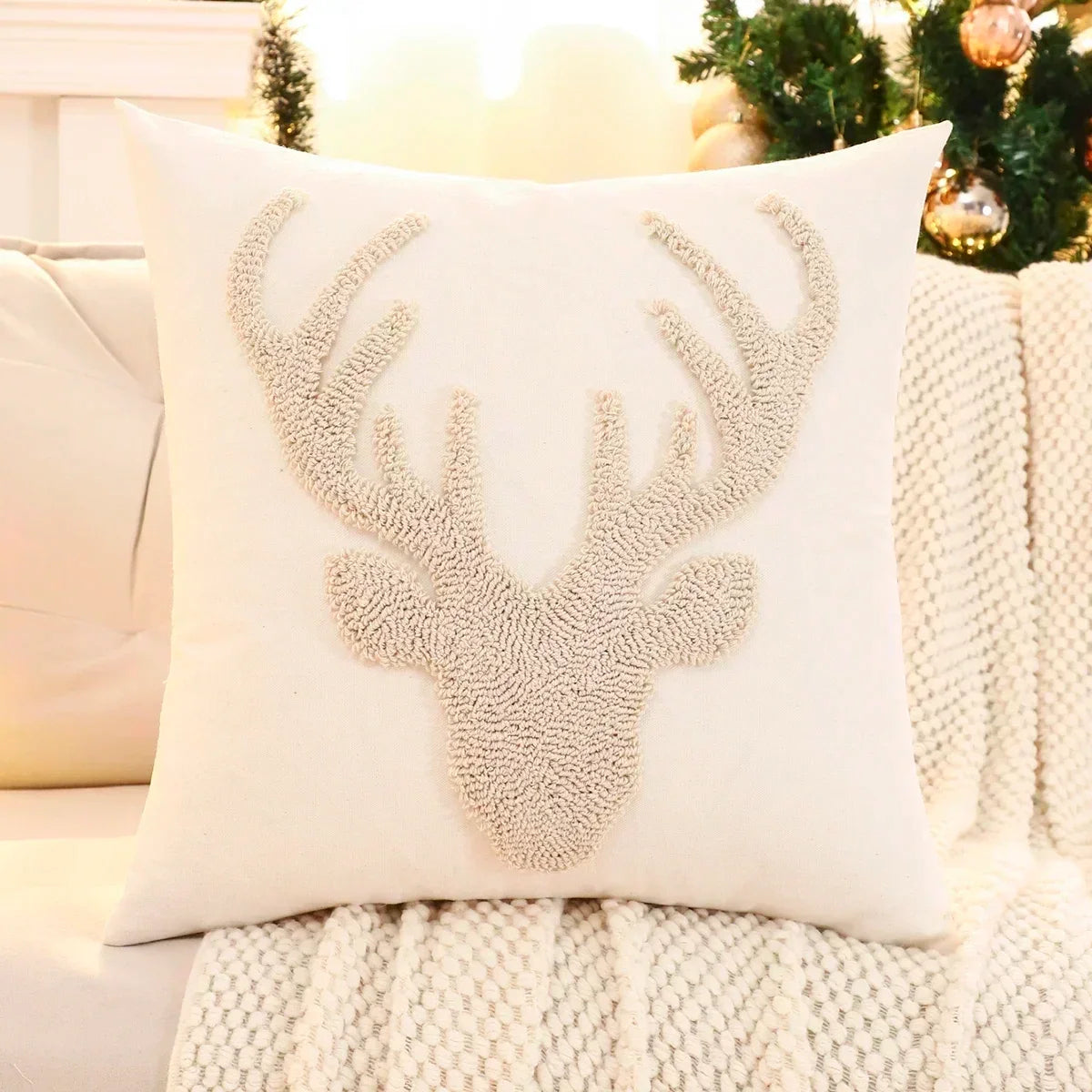 1 PC Christmas Decoration Throw Pillow Cover Embroidery Canvas Tufted Christmas Deer
