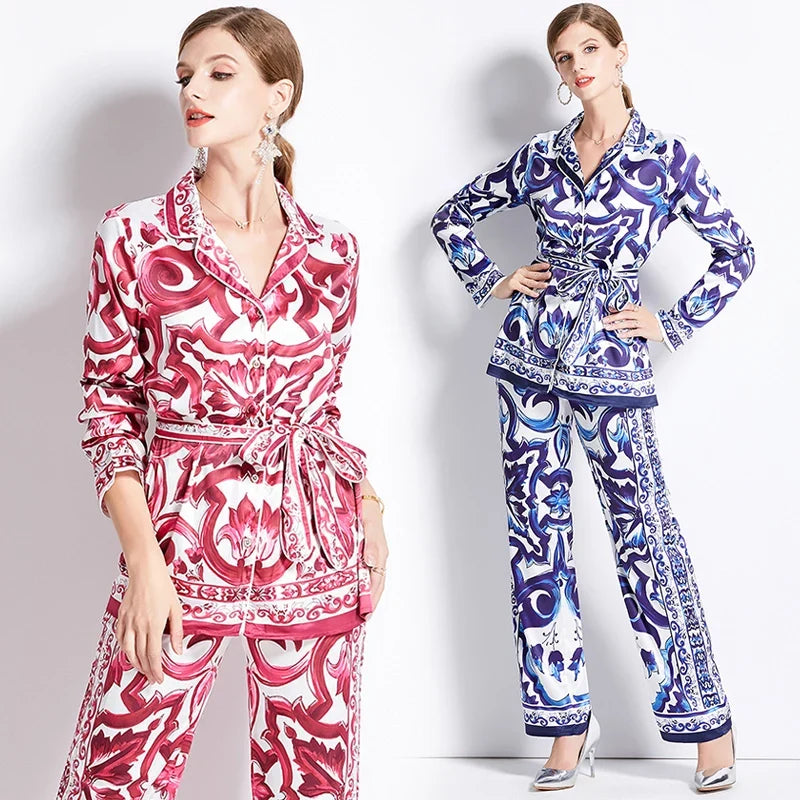 Autumn Women’s Porcelain Print Pantsuit – Red, Blue & White Notched Blouse with Belt + Wide-Leg Trousers Set