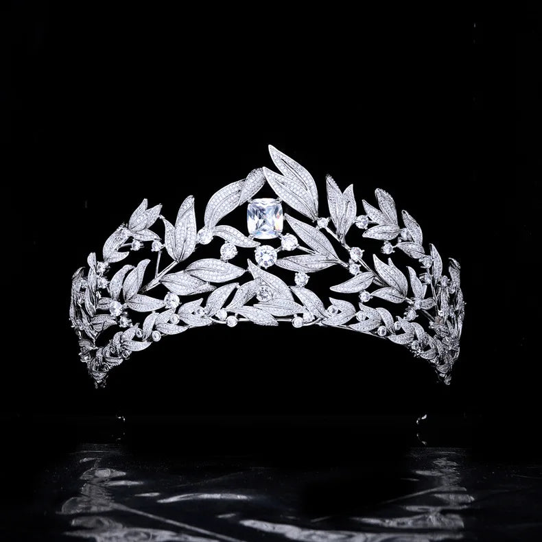 Cubic Zirconia Leaf Tiara  -  Bridal Crown Headband for Brides, Princess or Queen Style Wedding Hair Accessories
