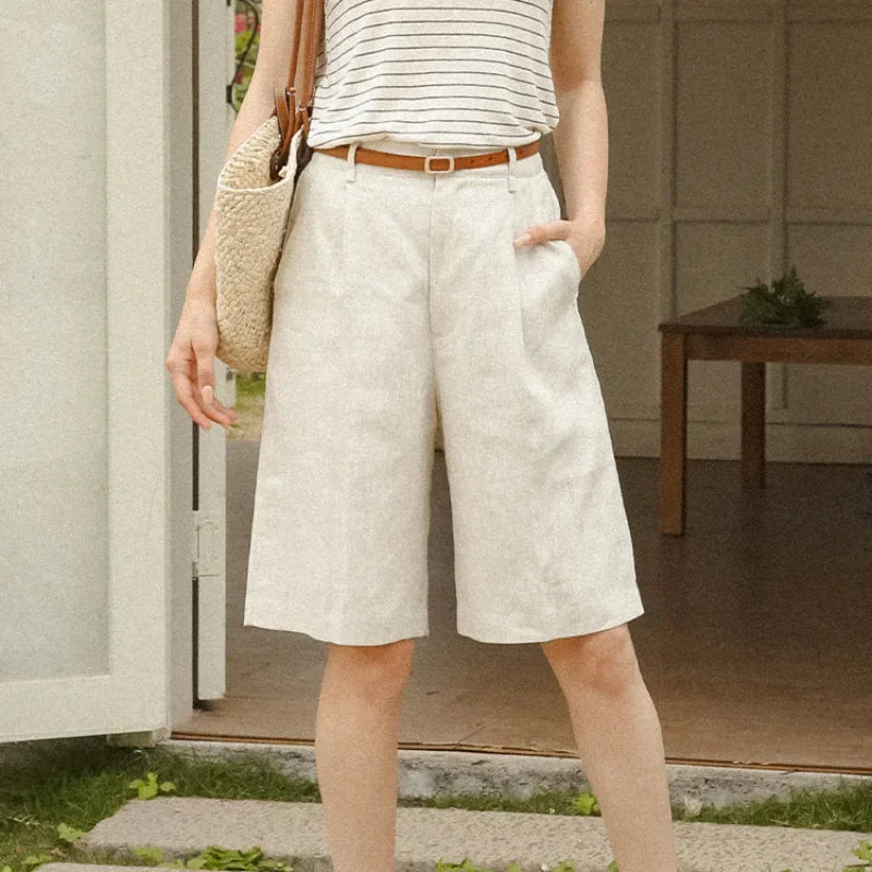 100% Linen High Waist Shorts for Women  -  Solid Color Knee-Length Summer Pants | Casual Streetwear Sale | Pantalones Mujer Verano