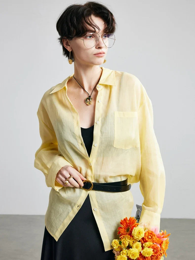100% Ramie Solid Blouse  -  Women's Loose-Fit Shirt with Turn-Down Collar & Chest Pocket