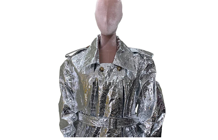Autumn Oversized Shiny Silver Trench Coat for Women Belt Double Breasted European Fashion Emo Clothes Y2K Streetwear