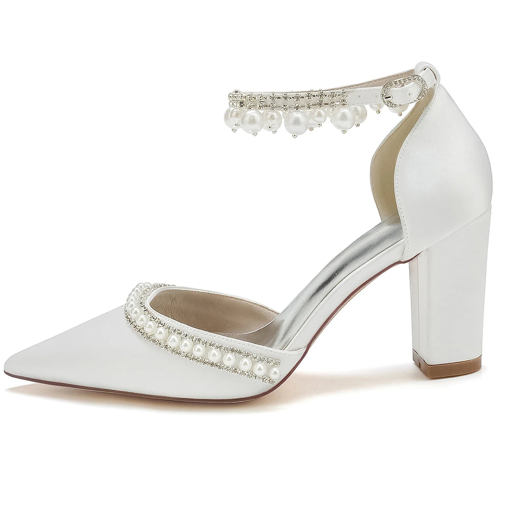 Elegant Satin Evening Pumps with Thick Block Heel, Pearls & Ankle Strap  -  Bridal, Prom, Party Shoes