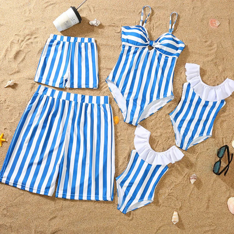 Family Matching Swimsuits  |  Striped Summer Swimwear Set for Mother, Daughter, Father & Son | Mommy and Me Bikini & Swim Shorts