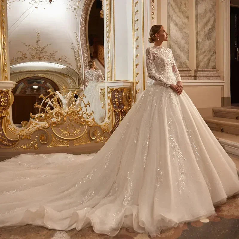 Luxury Modest Wedding Dress – High Neck, Full Sleeve Lace Appliqués, Custom Made