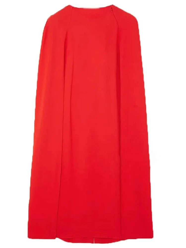 Chic Red O-Neck Evening Dress with Cape Sleeves