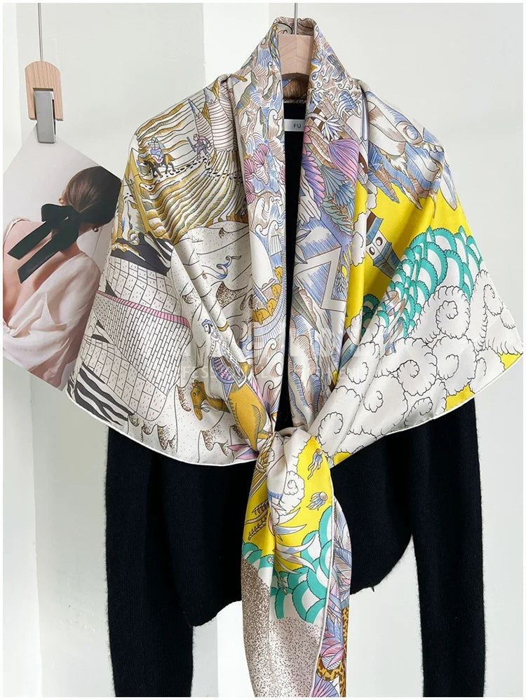 Designer Mulberry Silk Large Scarf – Luxury Hand-Rolled Edge Shawl & Wrap (135 cm)