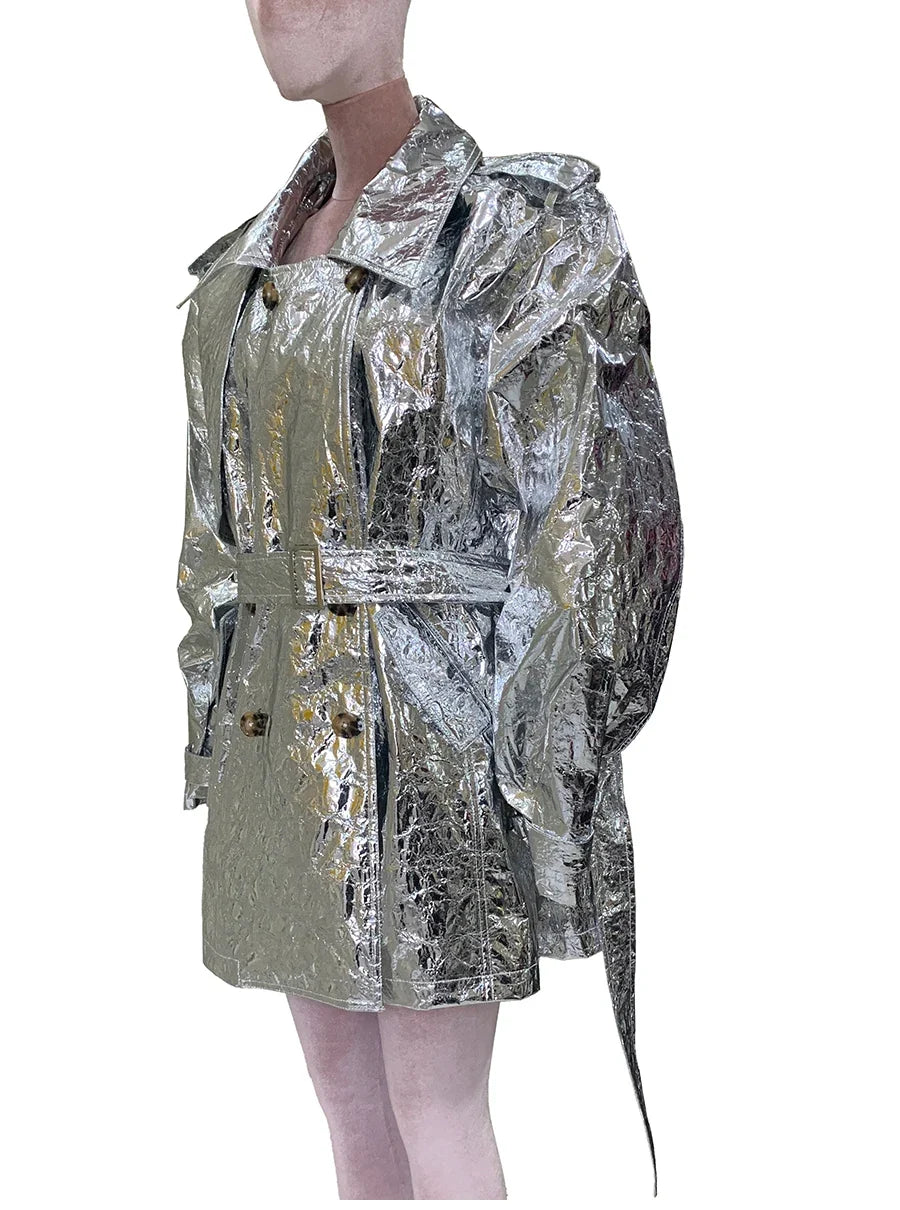 Autumn Oversized Shiny Silver Trench Coat for Women Belt Double Breasted European Fashion Emo Clothes Y2K Streetwear