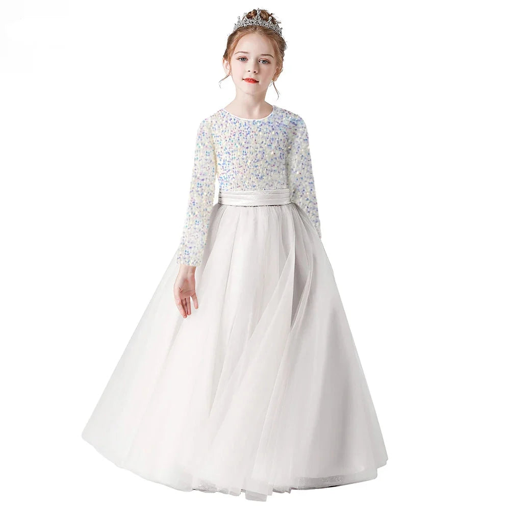Customized Glitter Sequin Long-Sleeve Flower Girl Dress