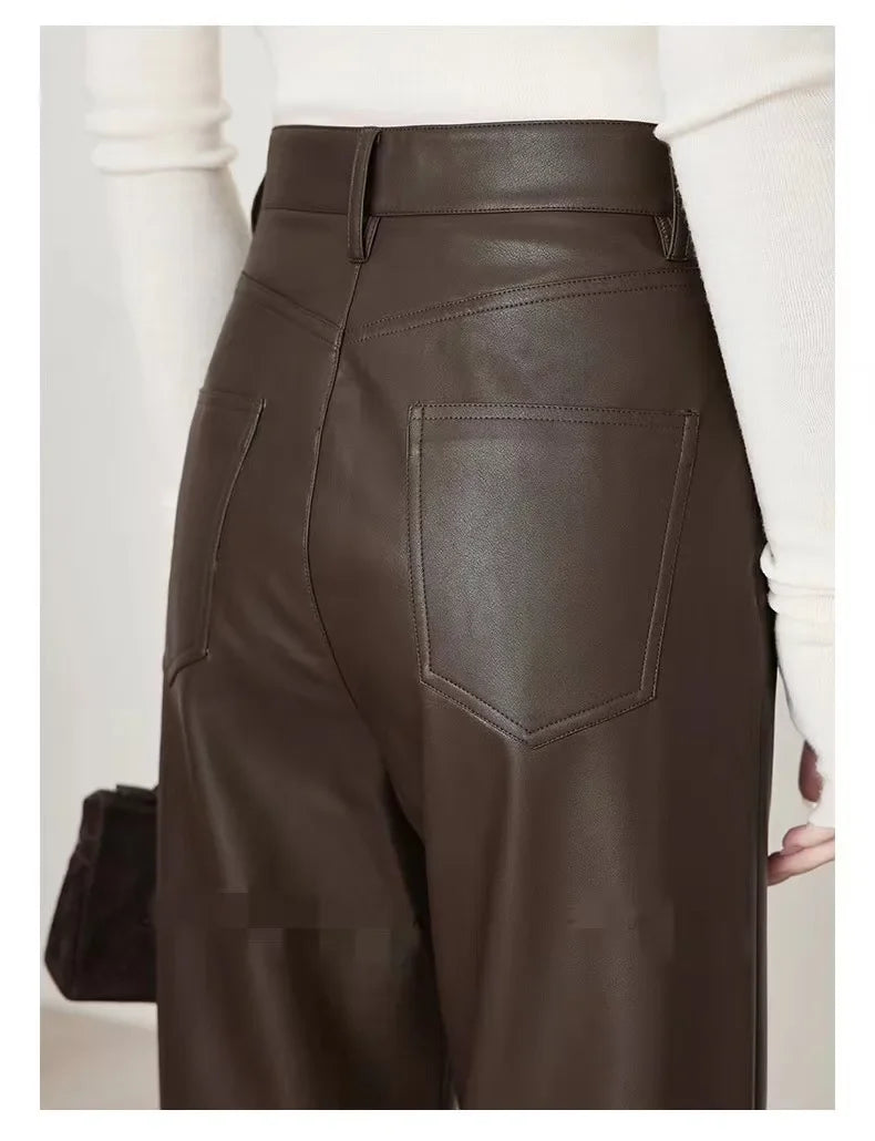 Genuine Sheepskin Leather Pants for Women Casual Loose Wide Leg Pants 2024 New Chic Lady Brown High Waist Ankle-Length Trousers