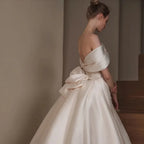 Off-the-Shoulder Satin Mermaid Wedding Dress – Sweetheart Neckline, Beaded Bow & Detachable Train, Custom Made
