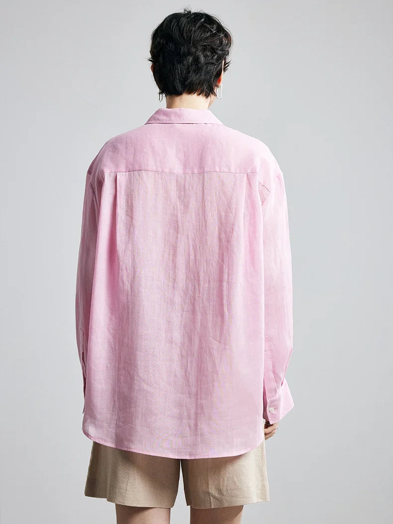 100% Ramie Solid Blouse  -  Women's Loose-Fit Shirt with Turn-Down Collar & Chest Pocket