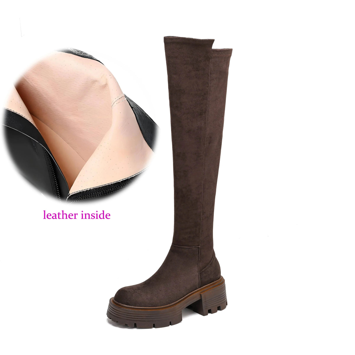 Flock Stretch Over-the-Knee Boots – Slip-On, Round Toe, Chunky High Heels, Elegant Modern Platform Style
