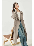 Elegant Long Trench Coat for Women – Fall Double-Breasted Windbreaker