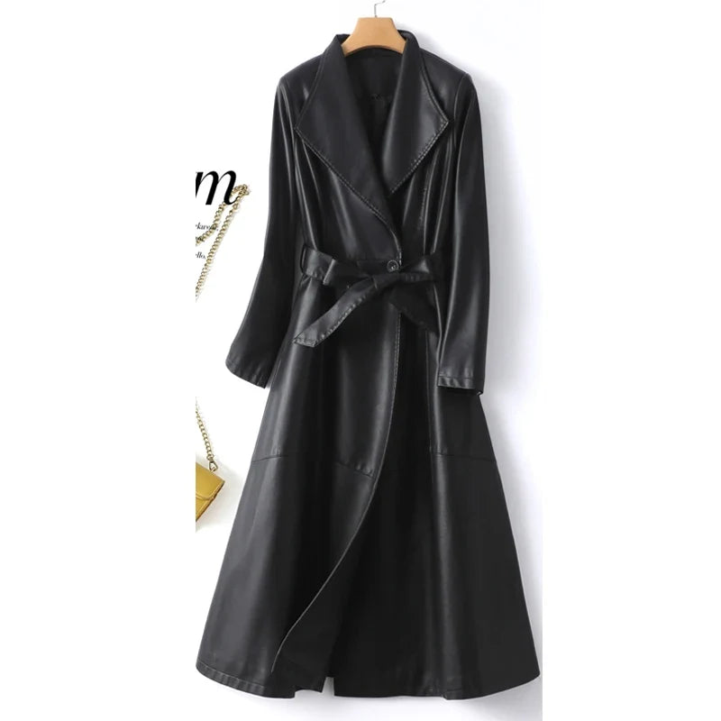 Elegant Sheepskin Leather Trench Coat for Women  –  Double Breasted Office Lady Long Coat with Pockets & Adjustable Waist