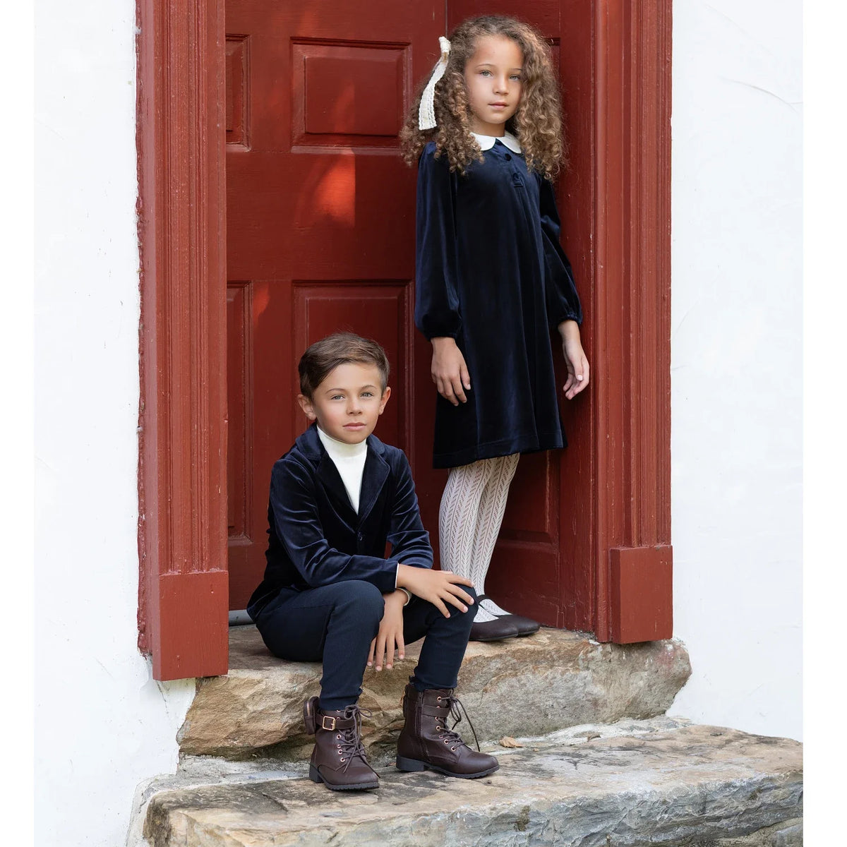 Family Matching Outfits with Girls' Velvet Dress, Baby Set, Floral Sweater & Boys' Overalls