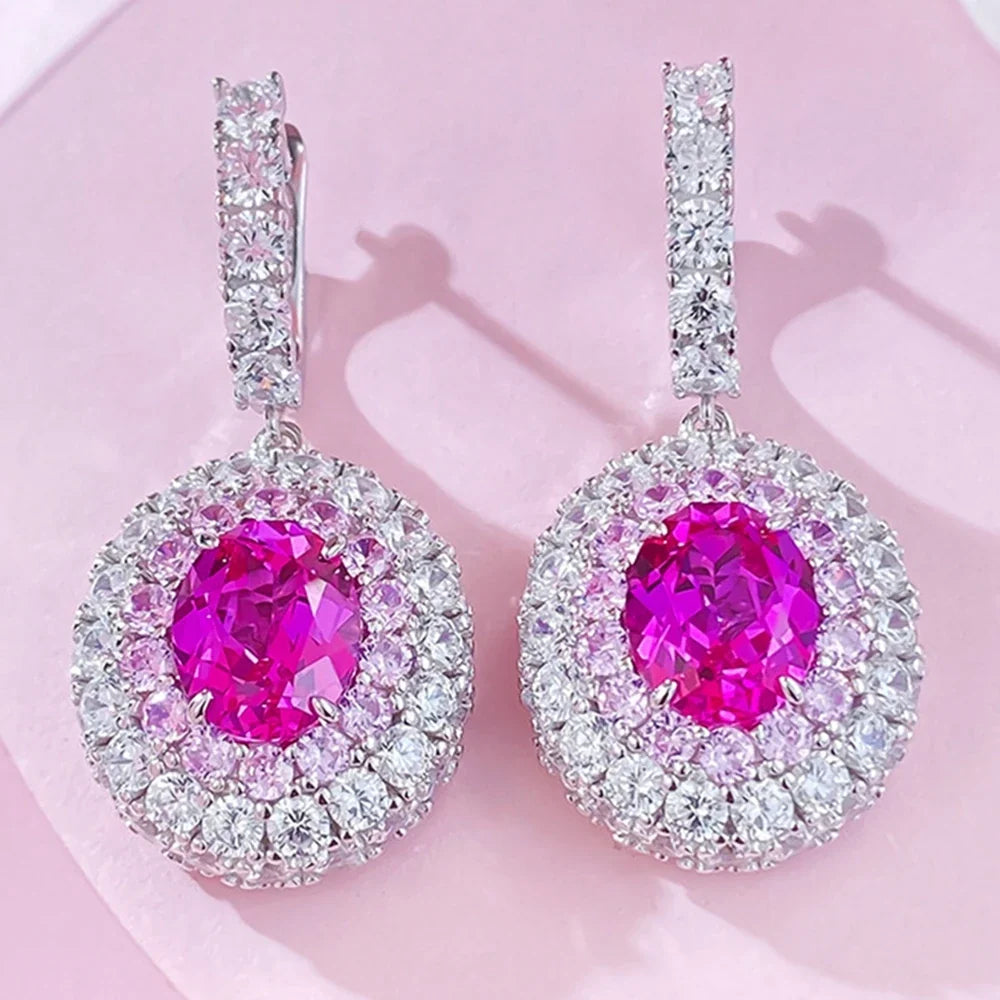 100% 925 Sterling Silver  8-M Oval Lab Sapphire Drop Earrings High Carbon Diamond Accents | Sparkling Fine Jewelry for Women