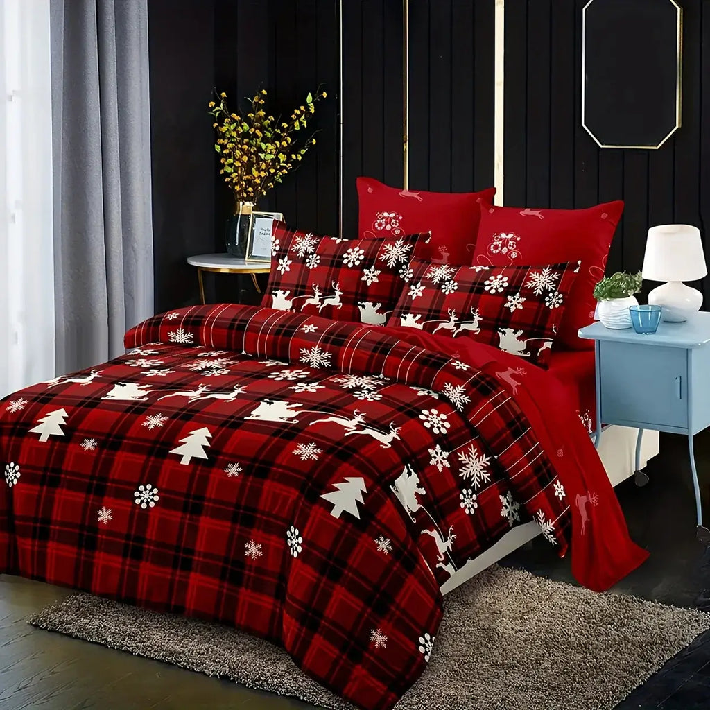3-Piece Christmas Duvet Cover Set – Soft, Breathable, Hypoallergenic Fabric with Checkered Elk and Snowflake Print