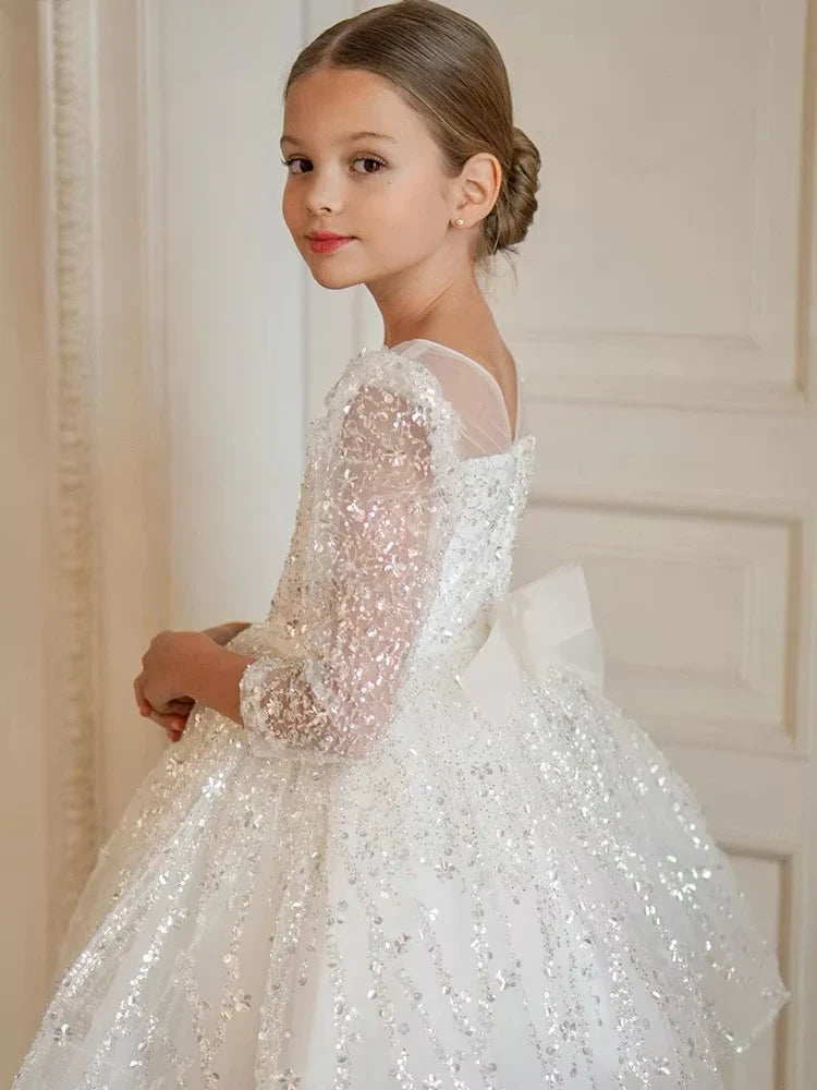 Girls Dress Sequin Mesh Long-sleeved Birthday Party  Outfit Matching BabyProm New children's Clothes Opening Ceremony