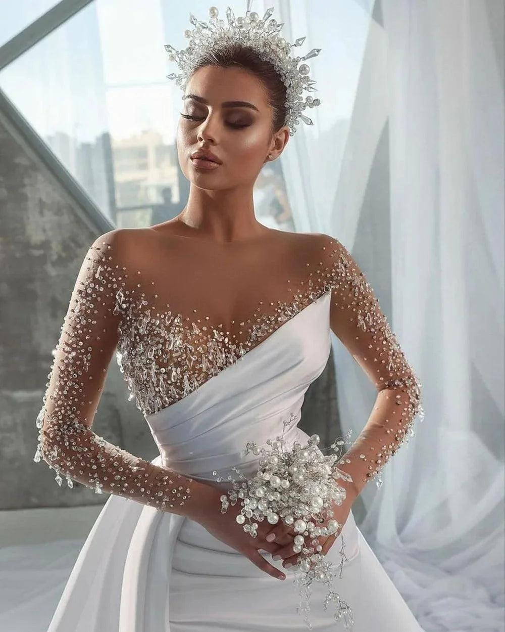 Mermaid Wedding Dress – Illusion Neckline, Beaded Long Sleeves & Detachable Overskirt, Custom Made