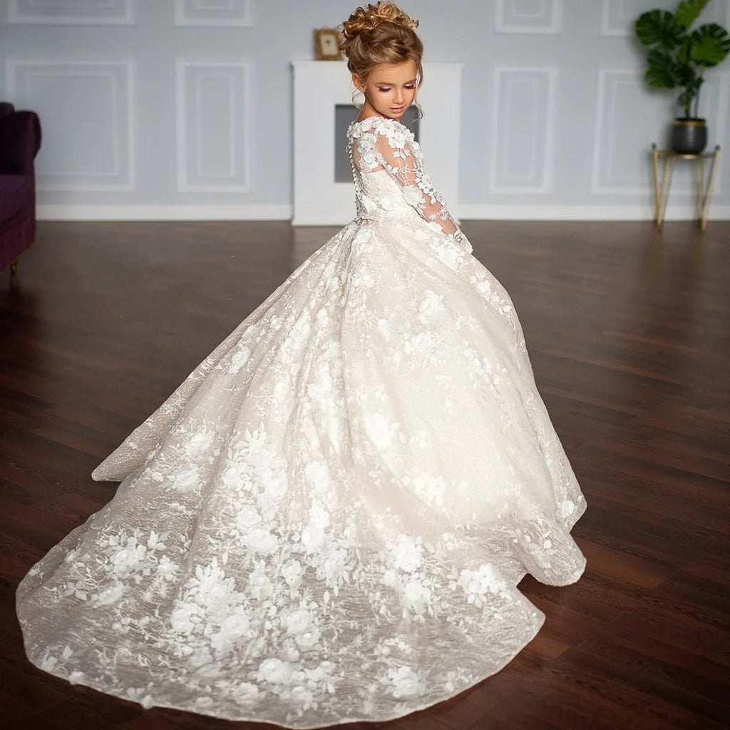 Flower Girl Dress White Tulle Lace Applique Elegant Wedding Litter Flower Child Birthday Celebration Eucharist Party Dress