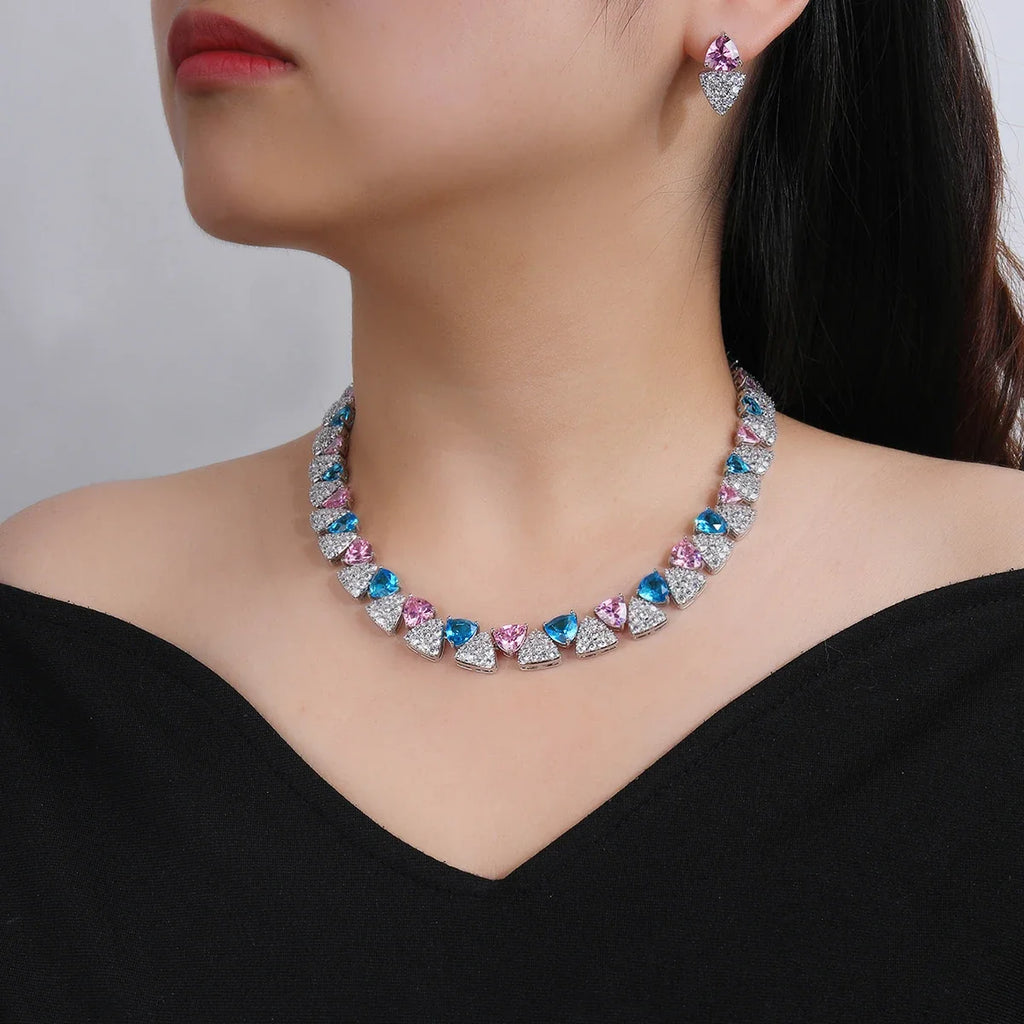 Elegant Multi Color Love Heart Cubic Zirconia Necklace Set  Wedding Bridal Necklace Earrings Costume Jewelry Set CN11332