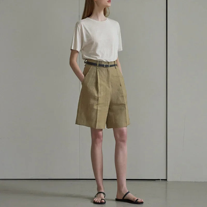 100% Linen High Waist Shorts for Women  -  Solid Color Knee-Length Summer Pants | Casual Streetwear Sale | Pantalones Mujer Verano