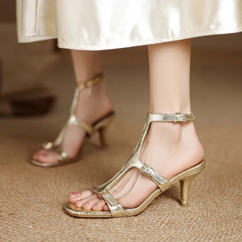 2025 Summer New Women Sandals Shoes High Heel Genuine Leather Sexy Round Toe Ankle Strap Party Shoes Pumps Buckle Wedding 34-42