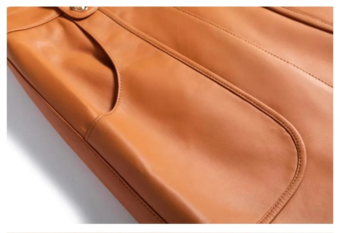 Fashion New Genuine Leather Office Lady for Women Sheepskin Elastic Waist Wrap Long Faldas Mujer Mid Length Front Slit Pocket